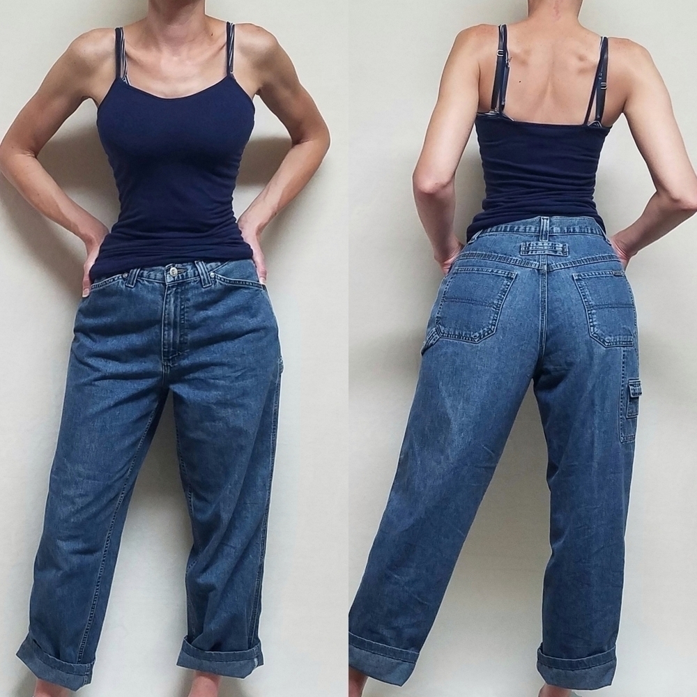 Vintage lee riveted mid wash high rise wide leg loose fit cargo jeans denim 10